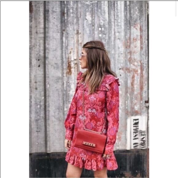 Zara Alexis Rose Mulberry Red Paisley Print Ruffle Peasant Mini Dress Size XS - Picture 10 of 11